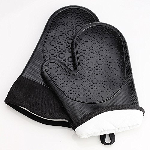 Jonhen Ofenhandschuhe Silikon Hitzebeständige, Topfhandschuhe Topflappen zum Küche,Backen,Kochen,Barbecue,Grillen,1 Paar,Schwarz,Gratis Bürste & Topf Halter - 2