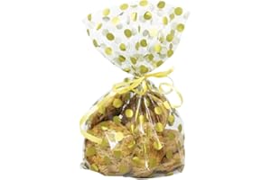 Anniversary House Metallic Gold Polka Dot BOPP Cellophane Bags, 12.5 x 28.5cm, Treat Bags, Gifts Bags, Including Twist Ties, Pack of 20, M563