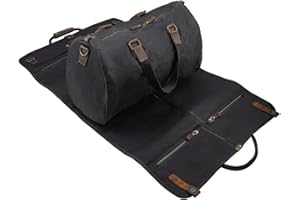 CRUITBILI 2 in 1 Canvas Leather Suit Luggage Garment Bag with Shoulder Strap for Travel and Business Trips, Waxed Black, American Casual