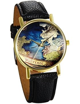 JewelryWe Damen Mädchen Armbanduhr, Retro Weltkarte Globus Karte Analog Quarz Uhr mit Leder Armband, Farbe: Schwarz