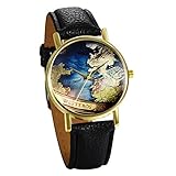 JewelryWe Damen Mädchen Armbanduhr, Retro Weltkarte Globus Karte Analog Quarz Uhr mit Leder Armband, Farbe: Schwarz