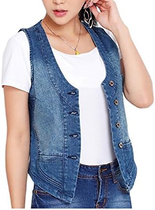 Mcdslrgo Women V-Neck Button Up Casual Slim Fit Denim Waistcoat Vest (Asian XXXXXL)