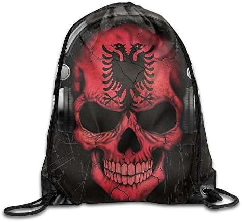 Doormat bag Dj Skull With Albanian Flag Cool Drawstring Travel Sports Backpack Gift