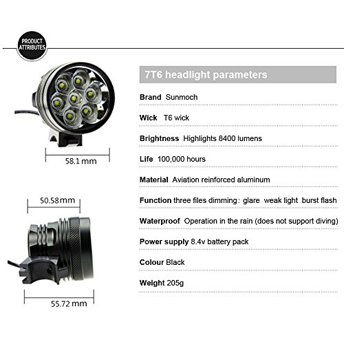 [Updated Version] Sunmoch 9000 Lumen T6 CREE Fahrradlampe Set 3 Modi mit 8800 mha Lithiumbatterie 7X CREE T6 Stirnlampe für Klettern, Radahren und Nachtsport draussen,Schwarz - 5