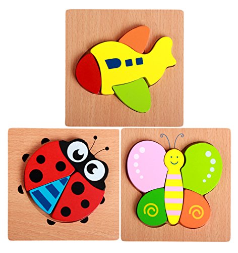 Preisvergleich Produktbild Hillento Holzpuzzles für Kleinkinder Kinder Mädchen Jungen Babys - pädagogisches Puzzle Spielzeug Set, bunte Massivholz Stücke. pädagogisches & sensorisches Lernen für Kleinkinder, 3er Set (Marienkäfer, Schmetterling, Flugzeug)