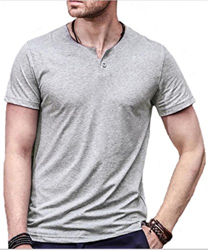 AIYINOMens Summer Cotton Casual Henley Shirts Single Button Placket Plain v Neck T-Shirts Regular Fit