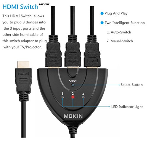 3-Port HDMI Verteiler Switch Kabel 3 In 1 Out 3D, Full HD 1080p HDMI Splitter für HDMI TV, PC, PS3, XBOX ONE/360, DVD – 2 Ft - 2