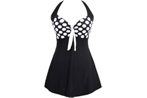 Ocean Plus Damska letnia sukienka w stylu retro, vintage, wiązana na szyi, w gwiazdki, w paski, strój kąpielowy z szortami, moda kąpielowa, duże rozmiary