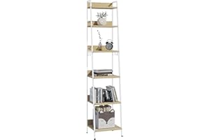 WOLTU Libreria a 6 Ripiani, Scaffale con 4 Ganci Industriale, Scaffale a Scala in MDF e Metallo per Soggiorno, Cucina, Studio, Ufficio,Bianco, 41x36x187cm RGB30whe