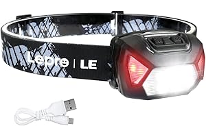 Lepro Head Torch Rechargeable, 2000L Waterproof LED Headlamp with Red Warning Lights, 6 Lighting Modes, Long Runtime, Lightweight Headlight for Kids & Adults for Running Fishing Camping