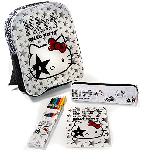 Preisvergleich Produktbild (Weiß) Hello Kitty "KISS" Rucksack, Federmäppchen, Bundstifte und Malblock im Komplettset. Kindergarten Tasche Sanrio Kindergartentasche