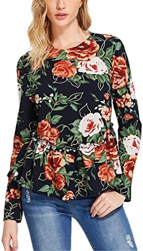 Hangyin Flower Print Pearl Beading Smock Top Women Round Neck Long Sleeve Ruffle Blouse Spring Blouse Multi L