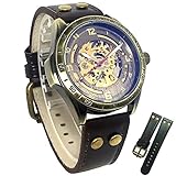 Retro Uhr Mechanisch ,Skelett Herren Damen Glasboden Armbanduhr Bronze mit Lederarmband