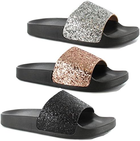 Ladies Womens Ella Slip On Glitter Sparkly Summer Mule Sandals Cushioned Footbed Beach Pool Shoes Size