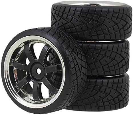 Yiguo 4pcs Plating 7-spoke Wheel Rim and Plastic Fish Pattern Tires for RC 1:10 Drift Car Black