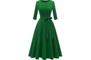 DRESSTELLS Damen Rockabilly Kleider Rund-Ausschnitt 3/4 Arm Festlich Kleid Retro Vintage Swing A-Line Midilang Cocktailkleid