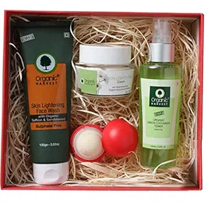 Organic Harvest Skin Radiance Gift Kit for Women & Girls, Lighten Skin Tone, Removes Dead Skin Cells, Minimizing Large & Open Pores, Face Wash, Face Toner, Skin Lightening Cream, Lip Balm, Paraben & Sulphate Free