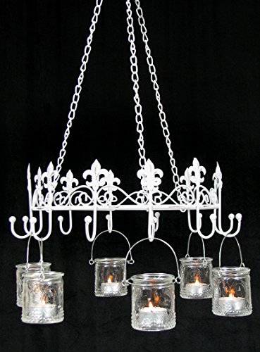Windlicht, Gartenlaterne, Hängeleuchter, Kerzenhalter, Nostalgie-Kerzenleuchter „Lilie“, Metall Weiss gewischt im Shabby-Used-Look, Ø 36 cm und 6 Teelichthaltern. - 5
