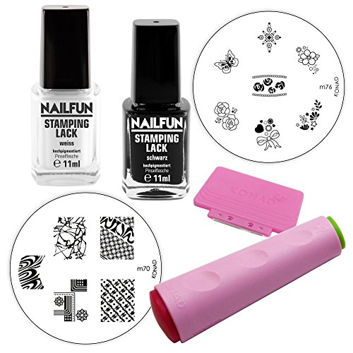 Stamping Starterset Basic - Konad Doppelstempel + Scrapper + Stampinglack weiss 11ml + Stamping-Lack schwarz 11ml + Stamping Schablone KONAD M57 + Stampingschablone KONAD M81