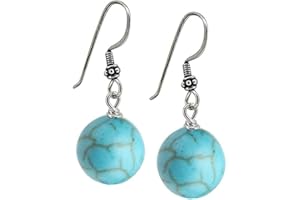 TREASURE BAY TreasureBay Handmade 12mm Natural Blue Turquoise Dangle Drop Ball Earrings, Womens Pierced Earrings