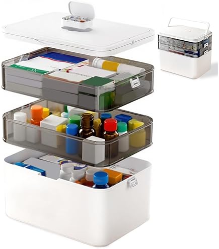 Plastic EHBO-opbergdoos, Containerbak, Plastic Medicijnkast-opbergdoos met Compartimenten en Slot, 3-laags Doorzichtige Nood-EHBO-doosorganisator, Baby-medicijnpillendoos(wit