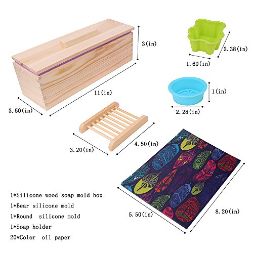 HUKOER Rechteckige Silikon-Seifenform mit Holzbox und Holzdeckel mit 2 Presslöchern, 2 Stück Nette Silikonformen und ein Holzseifenhalter für DIY Hausgemachte (B) - 3