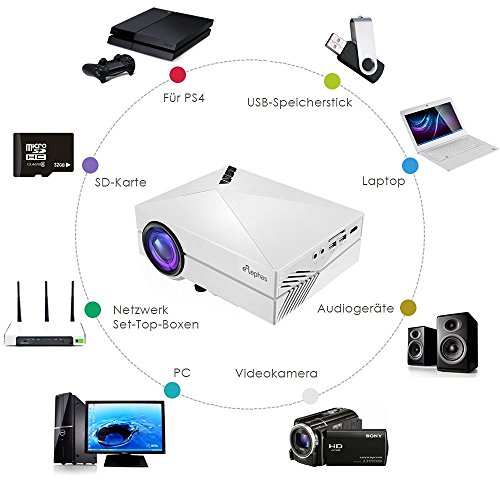Beamer, ELEPHAS Tragbarer Heimkino Mini LED Beamer Projektor mit HDMI Kabel unterstützt TV Laptop Smartphones und Spielekonsolen für Heimkinos und Weihnachten, Weiß - 5
