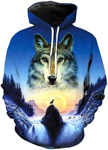 Hoodissx Size Wolf 3D Print Animal Werewolf Hoodie Sweatshirt Hip Hop With Big Pocket Pullover Burgundy M