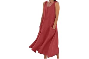 AMhomely Fancy Dress for Women UK Party Elegant Casual Solid Color Sleeveless Cotton Linen Long Dress Ladies Trendy Tunic Dresses Activewear Dresses for Vacation Cocktail Formal Work Wedding