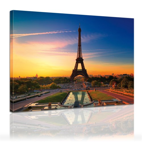 Bilderdepot24 Bastidor Imagen - Cuadros en Lienzo La Torre Eiffel en la Puesta del Sol (Paris - Francia) 80x60cm - Made in Germany!