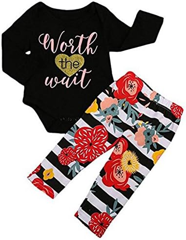 Ibelive Newborn Infant Baby Girl Glitter Heart Long Sleeve Romper+Floral Striped Pants Coming Home Outfit Set (90 (12-18Months))