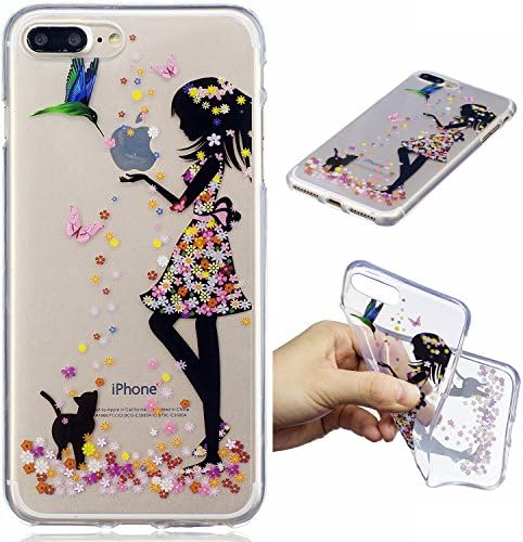 HeBan Clear Soft TPU Back Cover with Cute Pattern for iPhone 7/8 Plus - Girl and Cat