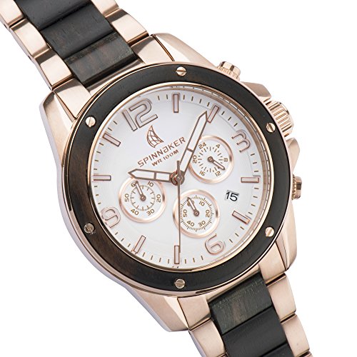 Spinnaker Vessel Men's Quartz Watch with Wood Bezel and White Dial Chronograph Display on Solid Stainless Steel and Sandalwood Bracelet SP-5027-33