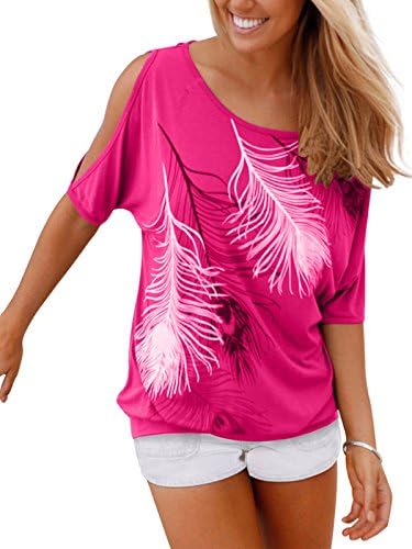 Aumir Women's Summer Casual Feather Print Round Neck Short Sleeve Off the shoulder Loose T-shirt Tops Blouse