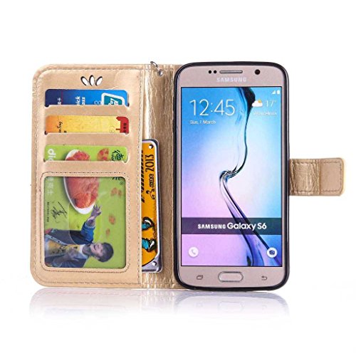 Galaxy S6 Hülle Ledertasche [mit Frei Hartglas Displayschutzfolie], KKEIKO® Schutzhülle PU Leder Tasche Hülle Case für Samsung Galaxy S6, Wickelfalz Handyhülle mit Bändselloch Standfunktion Karteneinschub und Magnetverschluss, Kratzfeste Lederhülle Flip Wallet (Schmetterling #2) - 4