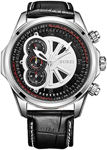 BUREI Men's Chronograph Watches White Multi Dial with Scratch-resistant Sapphire Lens Quartz Analogue Wristwatch and Black Leather Strap