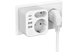 Doppelstecker für Steckdose,JSVER Steckdosenleiste mit USB 2Fach Steckdosenadapter(3680W 16A) mit 2 USB A und 2 USB C(5V/3.4A) Mehrfachstecker für Steckdose mit Schalter para iPad,iPhone Tablets