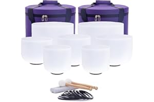 HYE-EUN 7"-12" Set of 7 Frosted Quartz Crystal Singing Bowl with 2 Pcs Carrying Cases