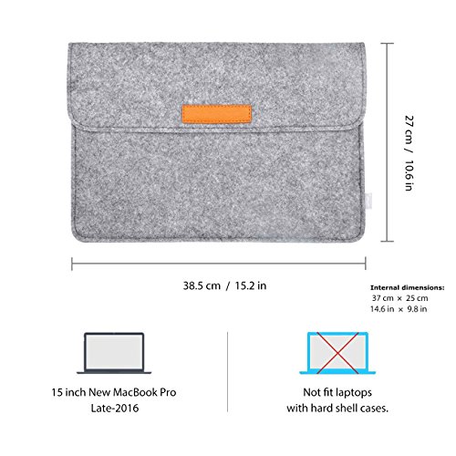 Inateck Filz Sleeve Laptop Schutzhülle, umweltfreundliche Notebook Schutztasche für neues MacBook Pro 2016 15 Zoll mit Touch Bar und Touch ID (Model A1707), Grau - 2