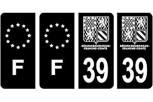 HADEXIA Lot 4 Autocollants Plaque immatriculation département 39 Jura Région Bourgogne-Franche-Comté Noir & F France Europe
