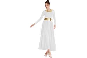 DYMCII Womens Metallic Gold Dance Robe Worship Praise Dress Long Sleeve Loose Fit Liturgical Lyrical Chiffon Skirt Costume