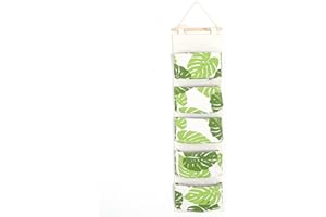 TopHomer 1 borsa portaoggetti da appendere alla parete, con 5 tasche, impermeabile, da appendere sopra la porta dell'armadio, in tessuto di lino, organizer per camera da letto, bagno (foglie)