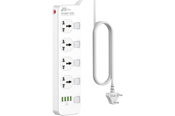 Hoteon 2500W Extension Board with USB Slots, Individual Switch & Safety Shutter, 4 USB Ports(3.4A) 4 Way Outlets Power Strips with Universal Sockets and 2M Extension Cord (3-Pin, White), 250 Volts