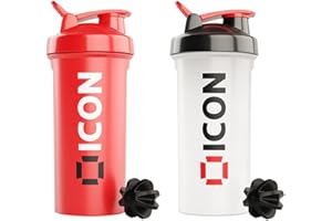 ICON NUTRITION ICON Protein Shaker Bottle (Pack of 2), 100% Leak Proof 700ml Protein Shaker - Clear & Red