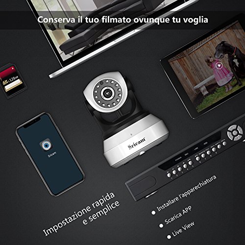 Sricam Telecamera di Sorveglianza 720P Wireless, Obiettivi Ruotabile, Audio Bidirezionale, ModalitÃ  Notturna a Infrarossi, Controllo Remoto, Compatibile con iOS e Android e PC