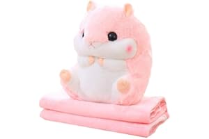 YunNasi Cuddly Plush Stuffed Hamster Pillow with Comfortable Blanket of 100cm x 170cm, Pink