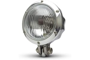 Alchemy Parts Vintage Style Motorcycle Headlight 4.75 Inch | Polished Alloy with Drilled Bezel | 12V 55W H4 Bulb | Retro Bobber Chopper Design