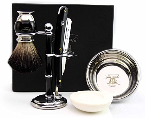 100% Hand Made Shaving Set for Men's. Ideal Gift This Christmas. The set Includes Pure Black Badger Hair Shaving Brush, Shavettle Razor, Shaving Bowl with Soap and Brush Holder. Newly deigned By Haryali London (NO BLADES INCLUDED )