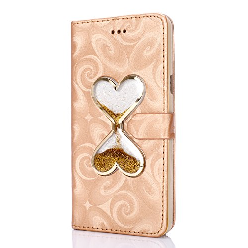 Galaxy J3 2016 Schutzhülle,Galaxy J3 2016 Hülle,Galaxy J3 Hülle,Ukayfe Cool 3D Schwimmend Treibsand Flüssige Fließend Wasser Glitter Glitzer Glanz Sparkle PU Leder Tasche Handyhülle Liebe Herz Muster Flip Cover Wallet Brieftasche Folio Tasche Hüllen Handycover Schutz Cases Etui Lederhülle Handytasche mit [Ständerfunktion] und [Kartenfächer] für Samsung Galaxy J3 2016 & 1 x Schwarz Eingabestift, Gold - 2