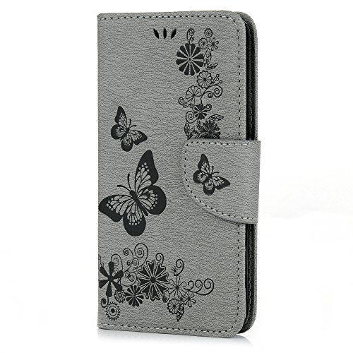 YOKIRIN Wallet Case für Samsung Galaxy J3 /J3 (2016) Schmetterling Blumen Muster PU Ledercase Cover Flipcase Handyhülle Folio Schutzhülle Protective Schale Flip Cover mit Standfunktion Kredit Kartenfächer in Gray - 3